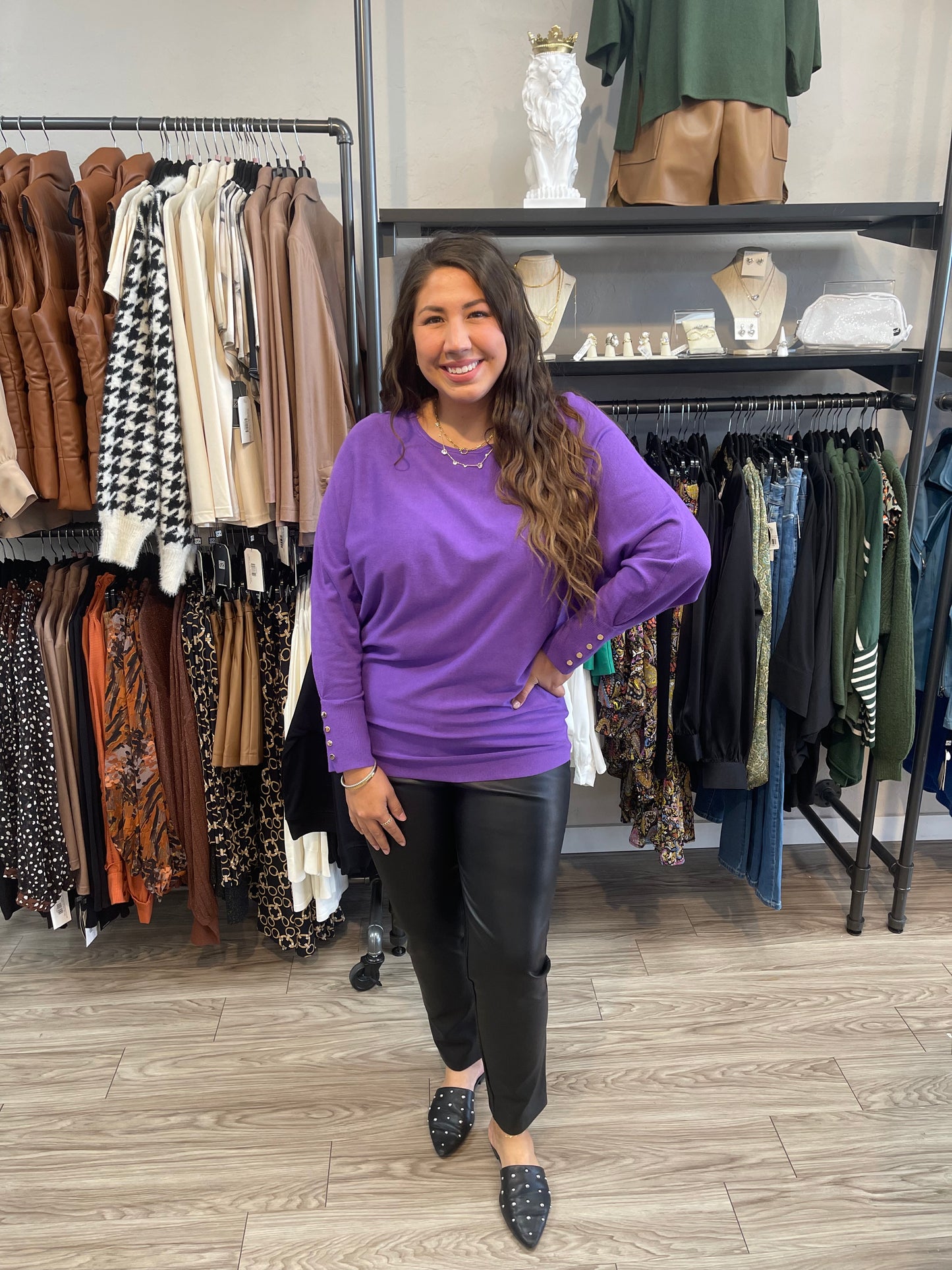 ESQUALO- Batwing Buttoned Cuff Sweater in Deep Lavender