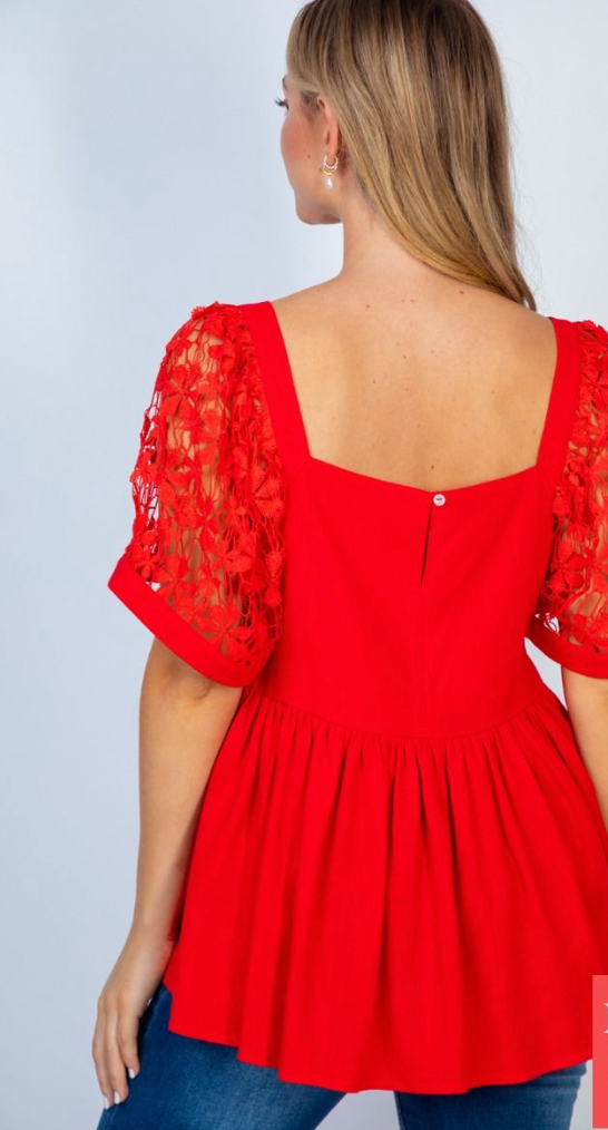 White Birch- Peplum Top with Lace Detail Sleeve in Red