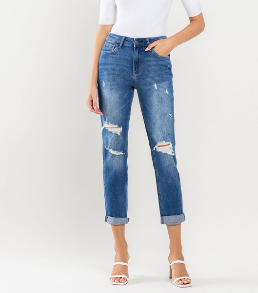 Vervet-HIGH RISE DISTRESSED ROLLED CUFF BOYFRIEND JEANS Color: ABSOLUTELY GOOD
