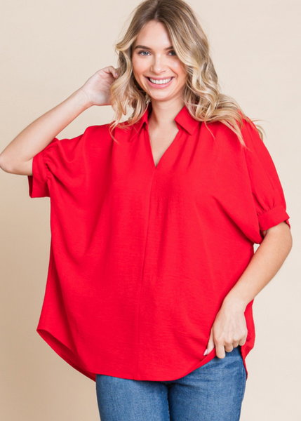 Jodifl- Solid Open Neck Top in Tomato Red