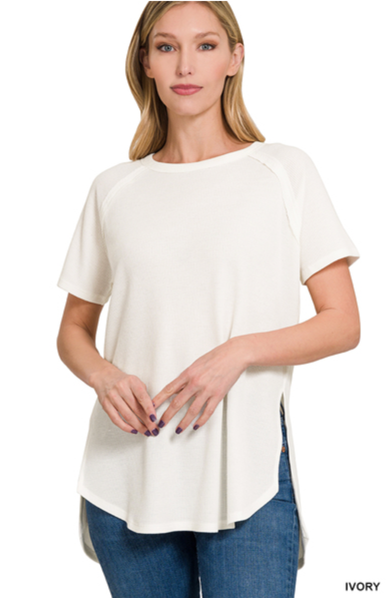 Zenana- Melange Baby Waffle Short Sleeve Top