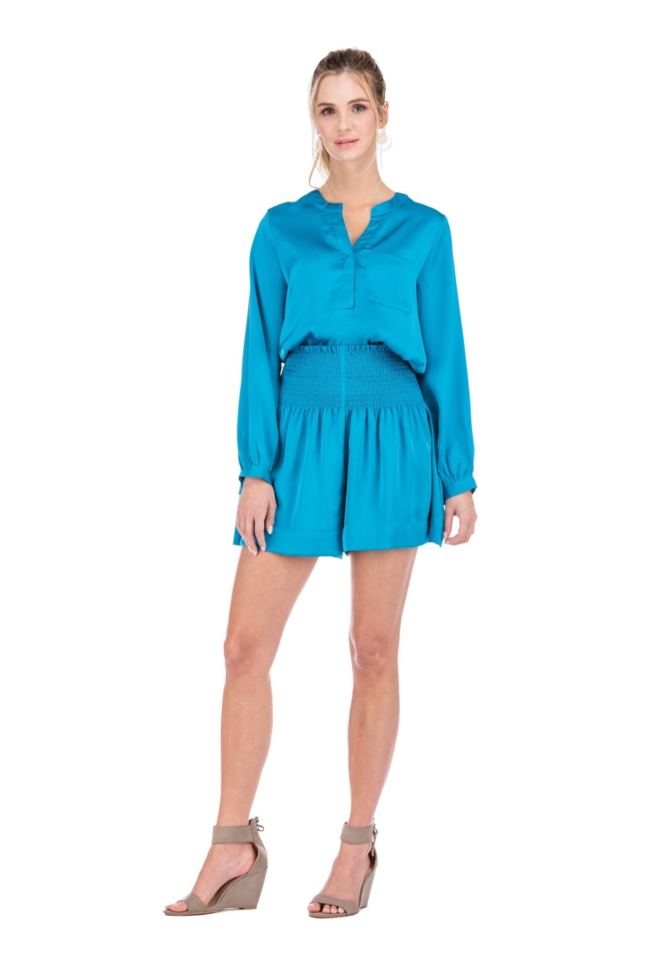 Joy Joy- Smocked Waist Satin Short in Teal