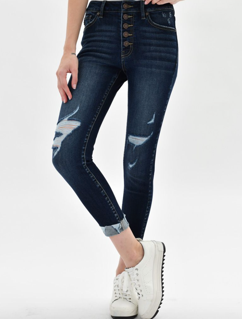 Kancan Denim- Valley High Rise Button Front Denim with Distress in Dark Wash