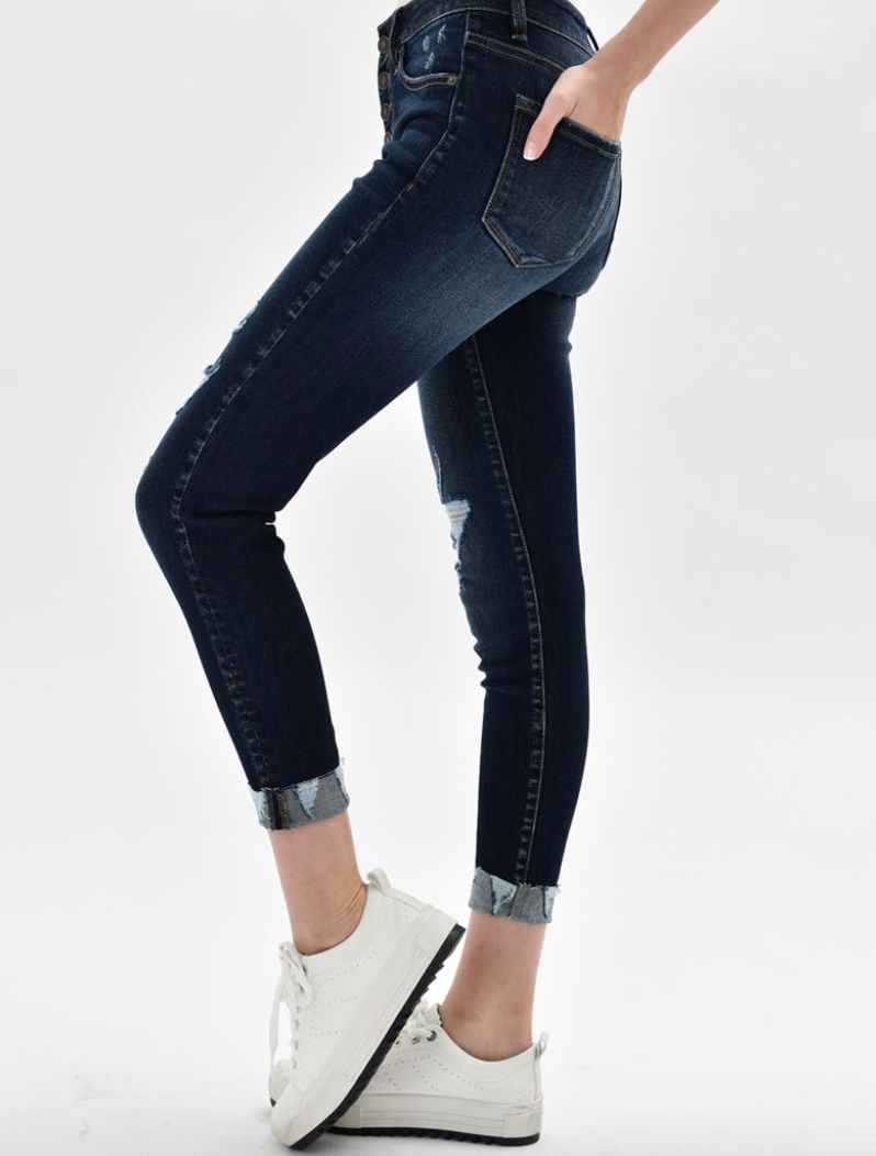 Kancan Denim- Valley High Rise Button Front Denim with Distress in Dark Wash