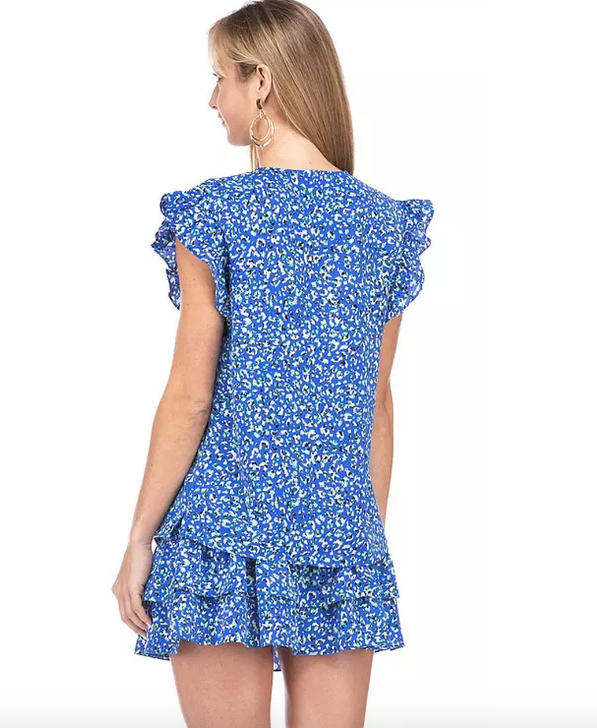Joy Joy- Gathers Flutter Sleeve Top in Royal Print