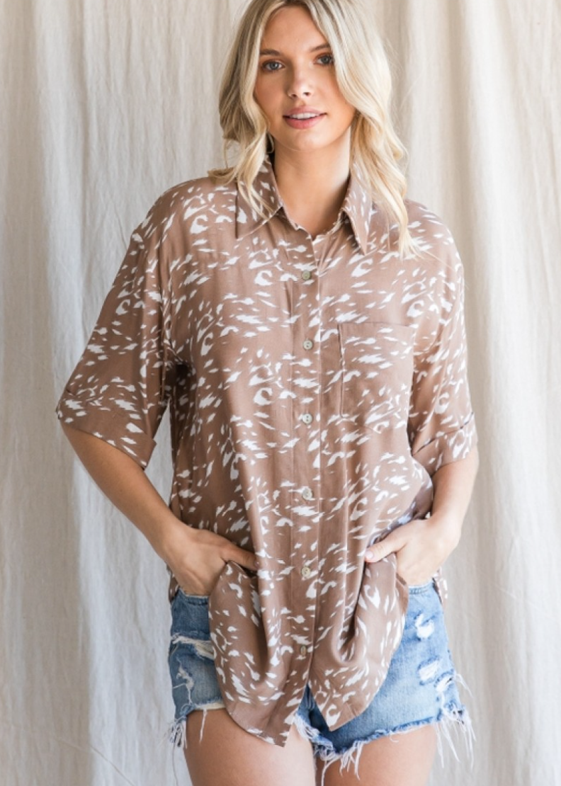 Jodifl- Print Button Up Top in Taupe