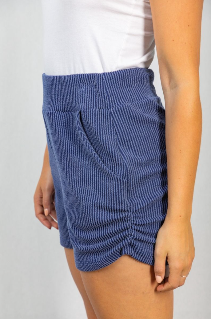White Birch- Stretch Knit Shorts with Side Ruched in Blue/Navy