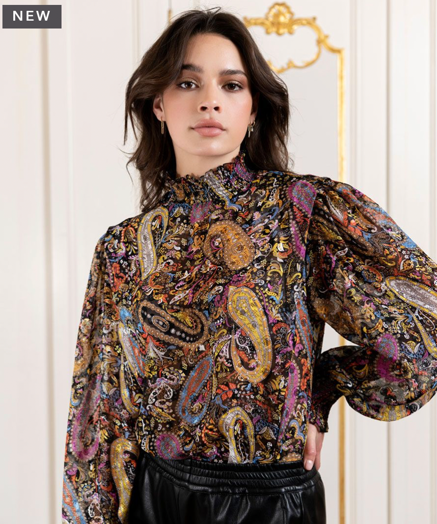 Esqualo- Paisley Party Smocked Neck Blouse
