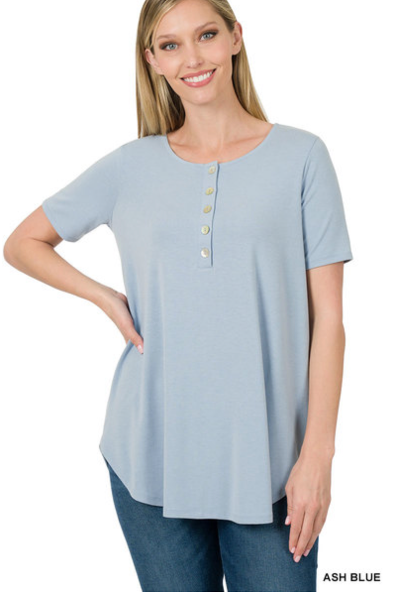 Zenana- Short Sleeve Dolphin Hem Shell Button Up Top
