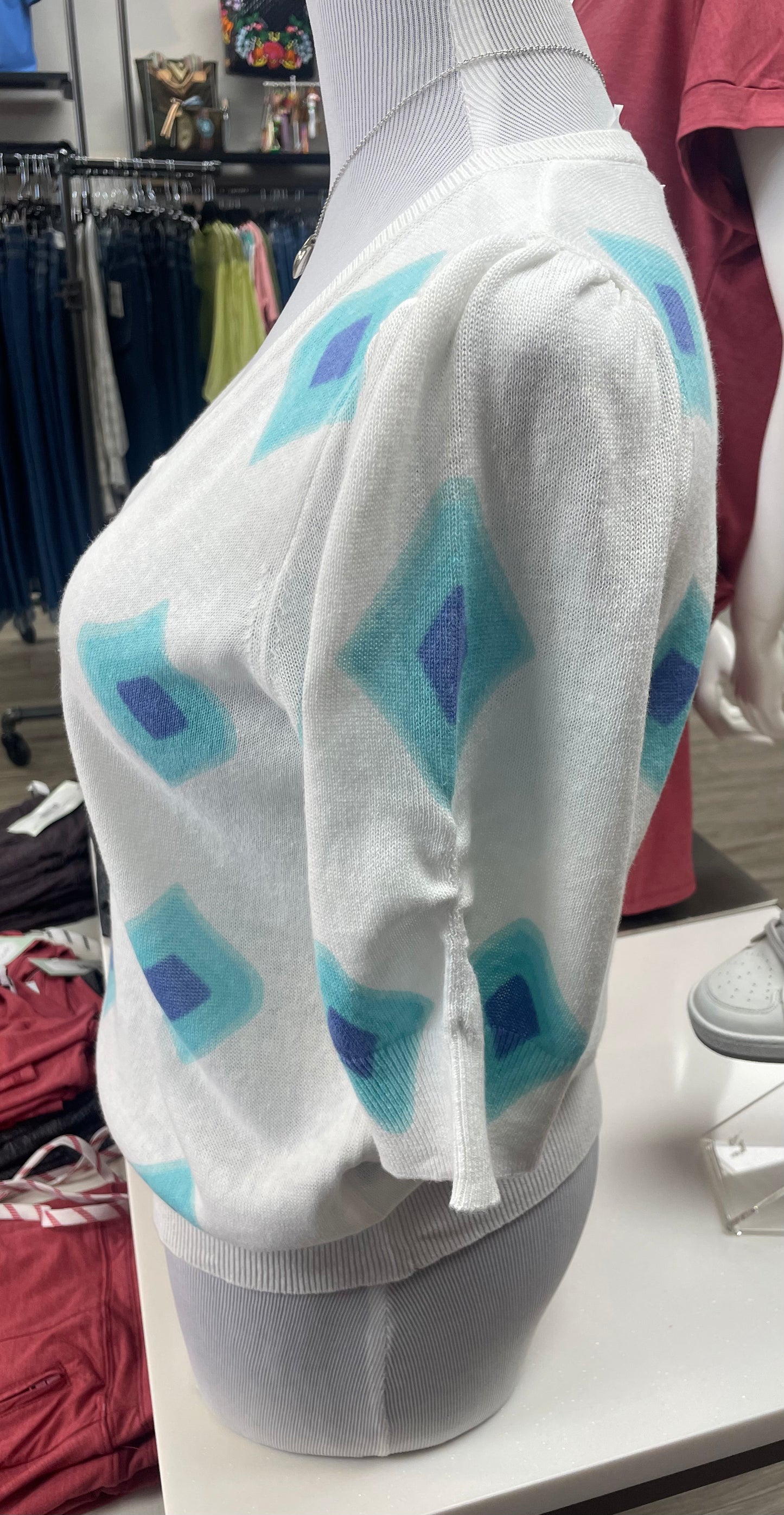Esqualo- Printed Linen Sweater with Blue Diamond Print