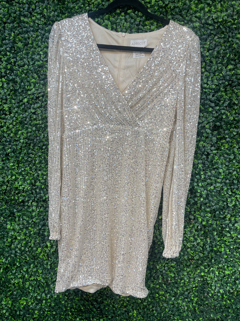 Apricot- Long Sleeve Sequin Dress with Cross Front in Stone