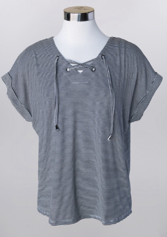 Keren Hart- Tie Neck Detail Stripe Knit Top