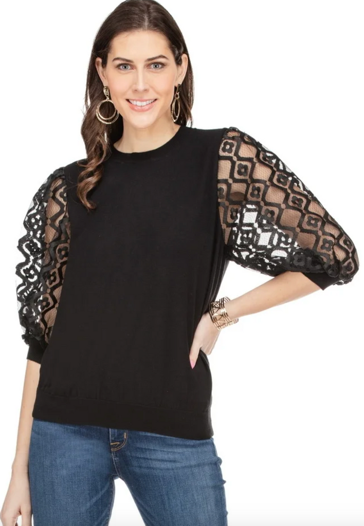 Jade- Pattern Sleeve Sweater Top in Black or White