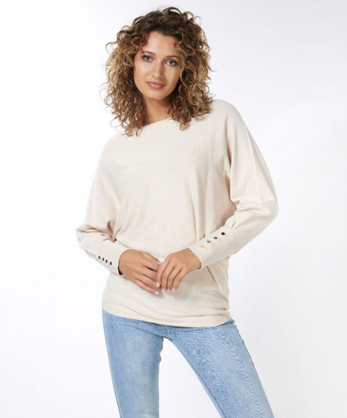 ESQUALO- Batwing  Buttoned Cuff Sweater in Light Sand