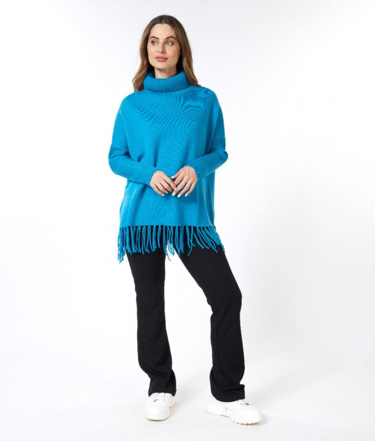 Esqualo- Fringe Turtleneck Sweater in Petrol