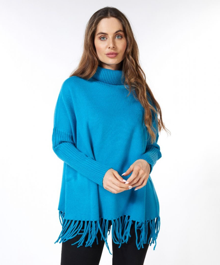 Esqualo- Fringe Turtleneck Sweater in Petrol