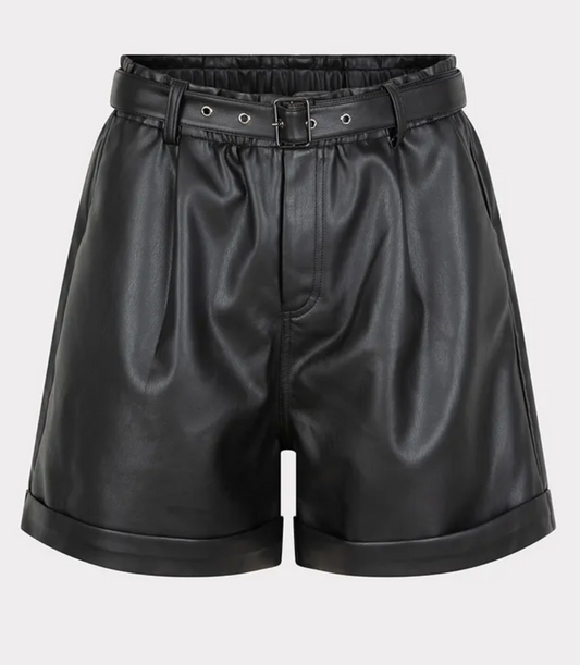 Esqualo- Faux Leather Belted Shorts in Black