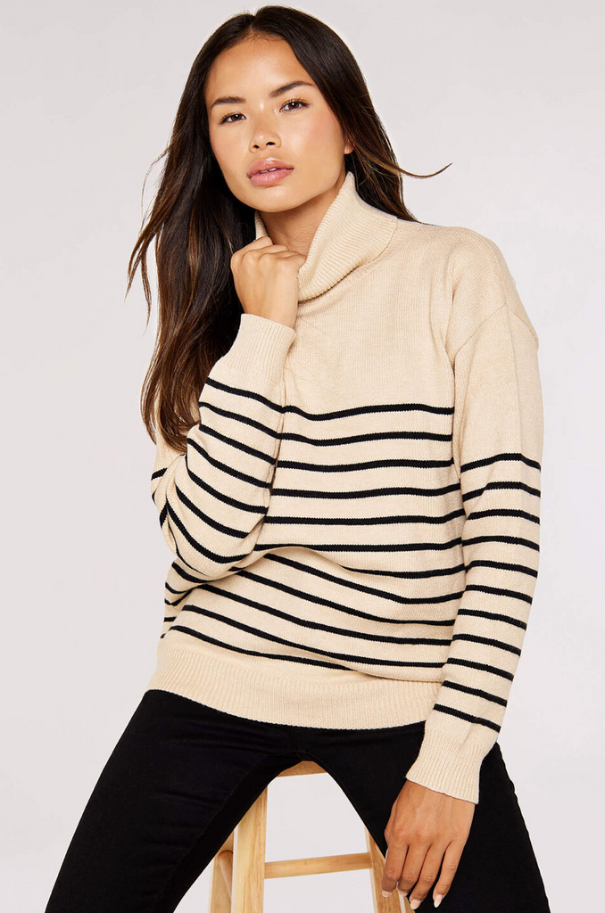Apricot- Stripe Roll Neck Sweater