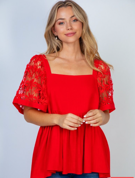 White Birch- Peplum Top  with Lace Detail Sleeve in Red