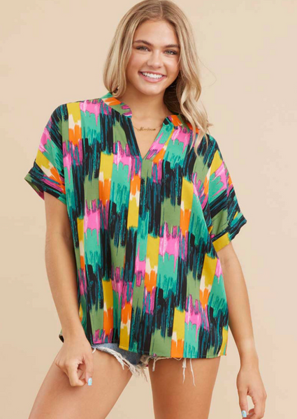Jodifl-Abstract Print Top in Green Mix