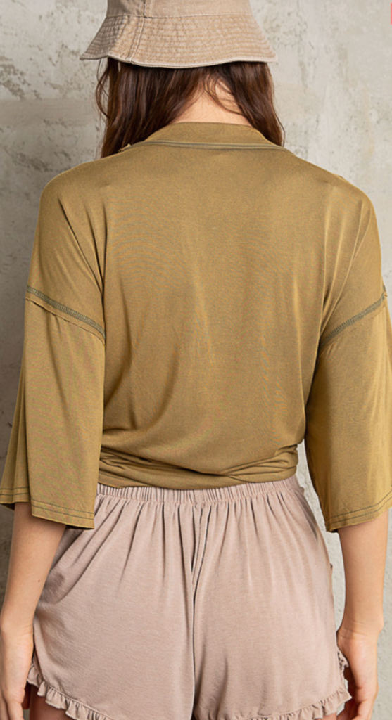 POL CLOTHING- Crew Neck Half Sleeve Top in Dusky Olive