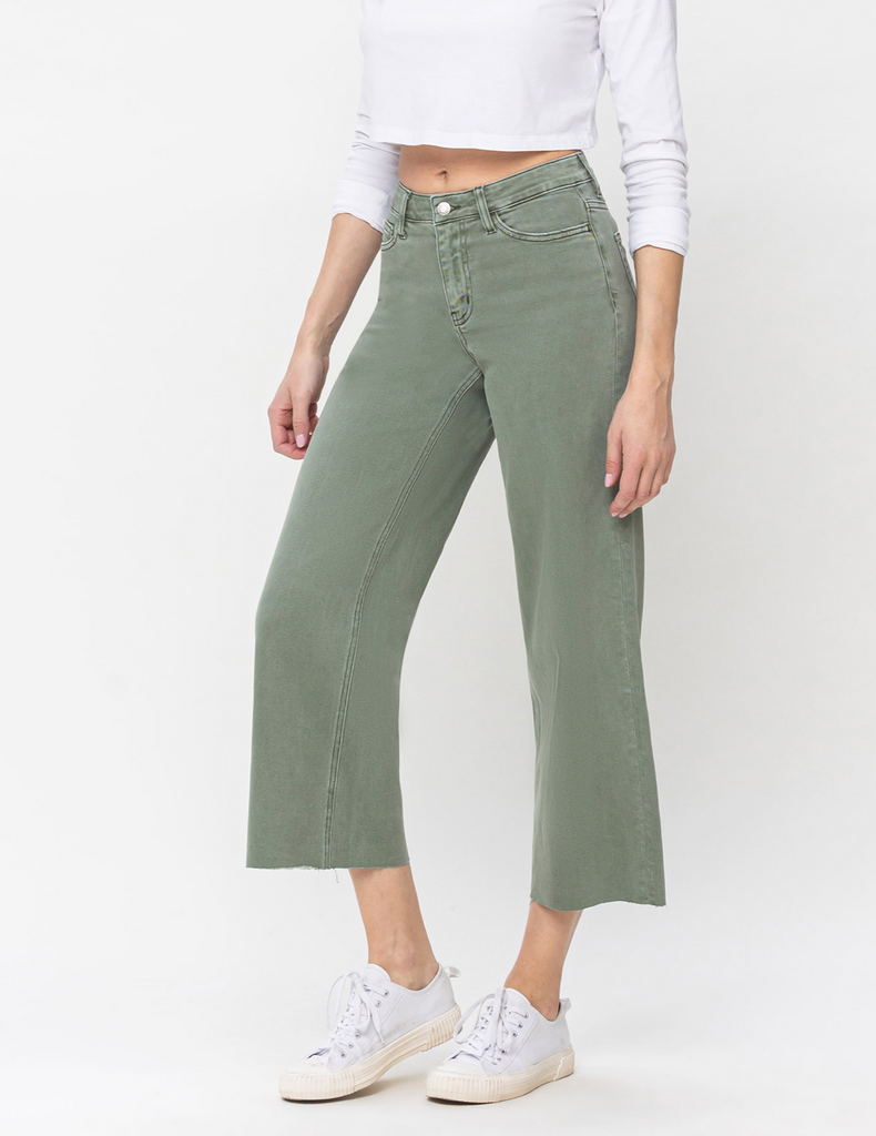 Vervet- Olivia Cropped Wide Leg Jeans in Army Green