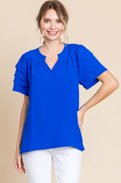 JODIFL- Short Sleeve Royal Blue Top with Ruffle Sleeve Detail