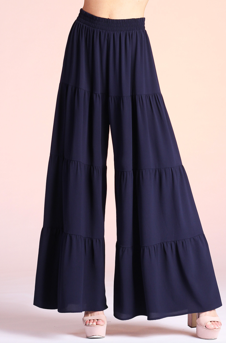 Tyche- Textured Solid Tiered Pants in Navy