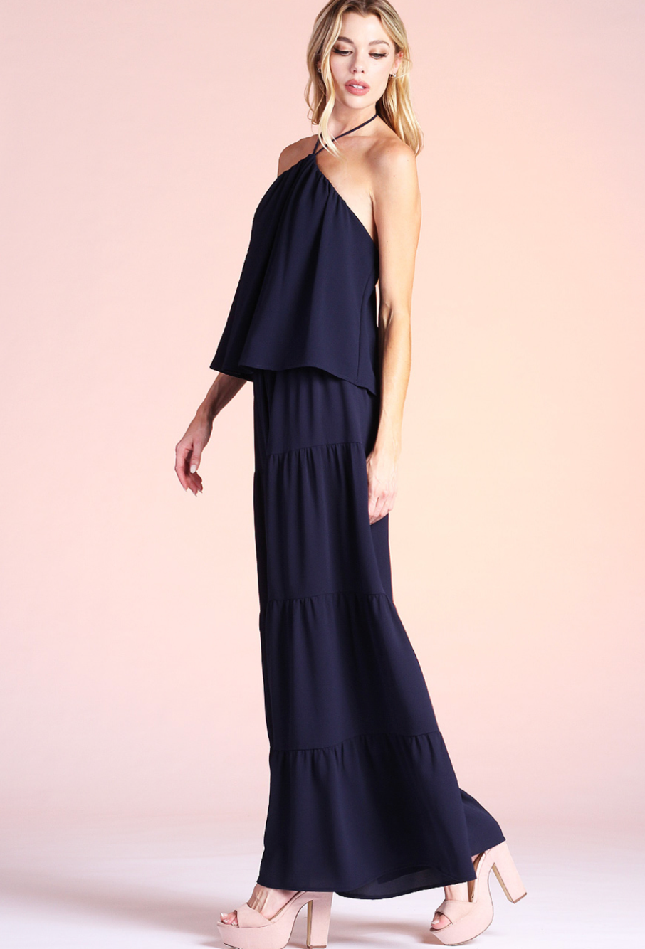 Tyche- Textured Solid Tiered Pants in Navy