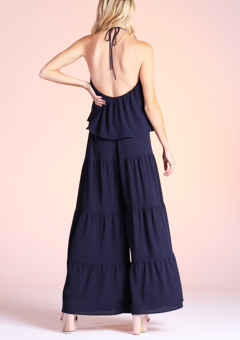 Tyche- Textured Solid Tiered Pants in Navy