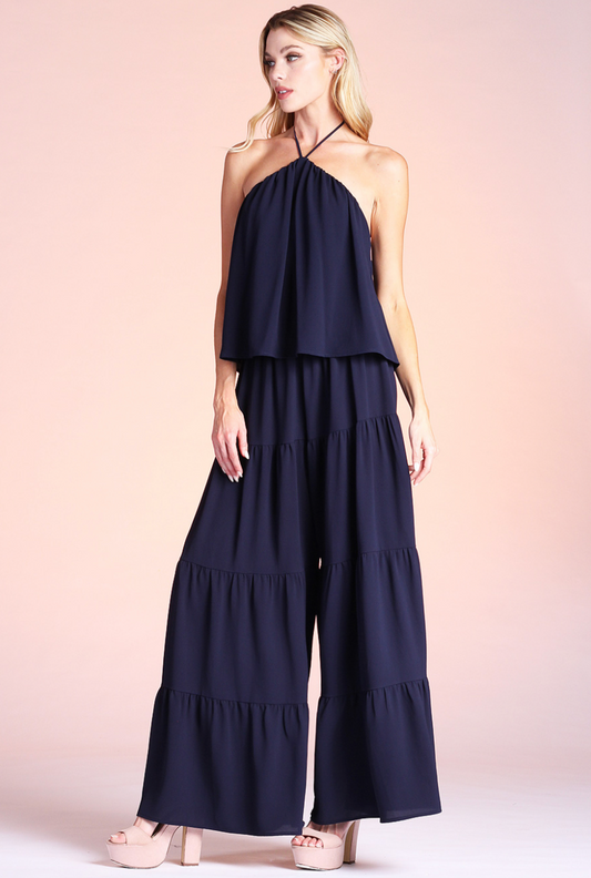 Tyche- Textured Solid Tiered Pants in Navy