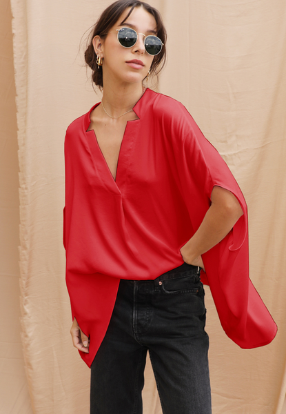 Tyche- Washed Poly Silk Double Notched Caftan Top in Red