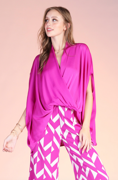 Tyche- Washed Poly Silk Surplice Caftan Top in Orchid
