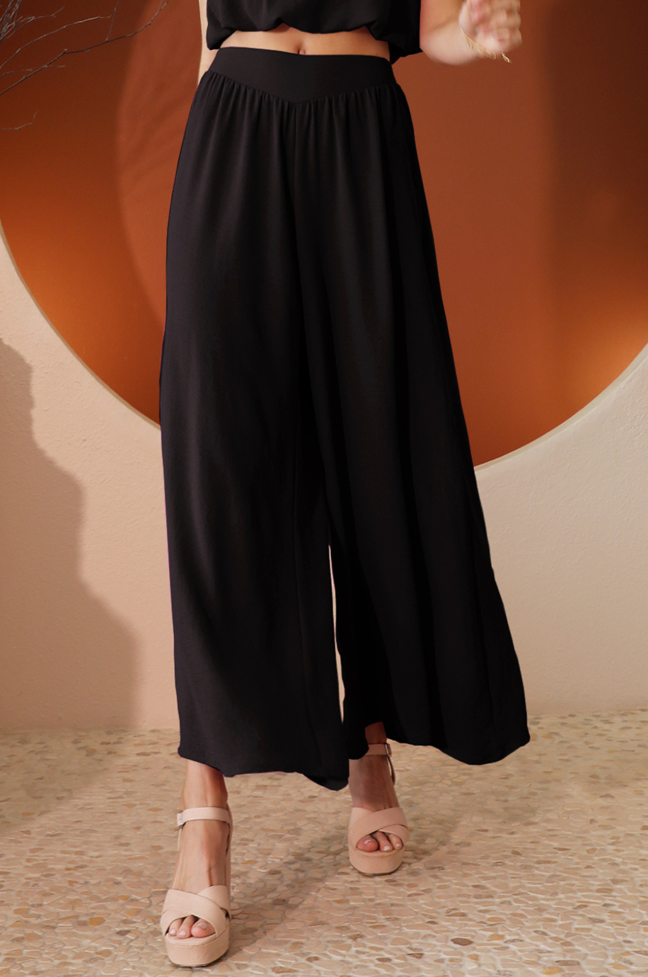 Tyche- Matte Crepe Wide Leg Swing Pants in Black