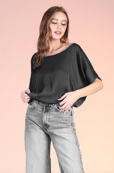 Tyche- Washed Poly Silk Boat Neck Elastic Crop Top in Black