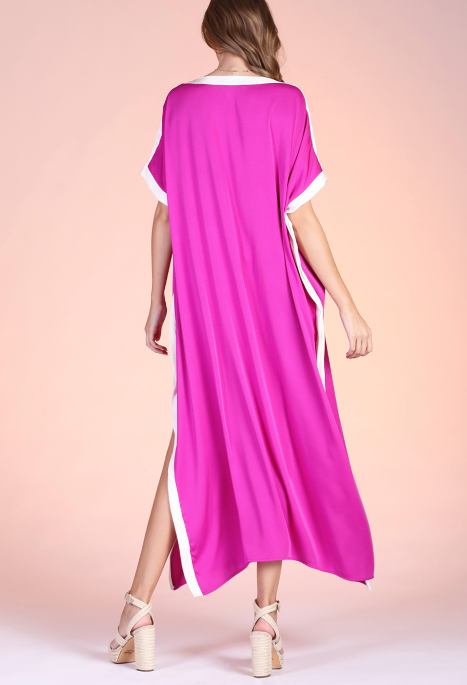 Tyche- Washed Poly Silk Contrast Band Caftan Dress in Orchid