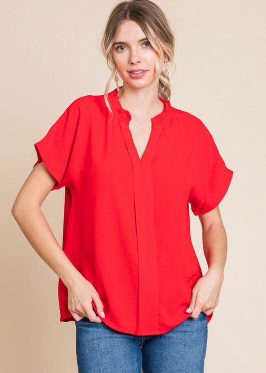 Jodifl- Slit Neck Top with Dolman Short Sleeves in Red