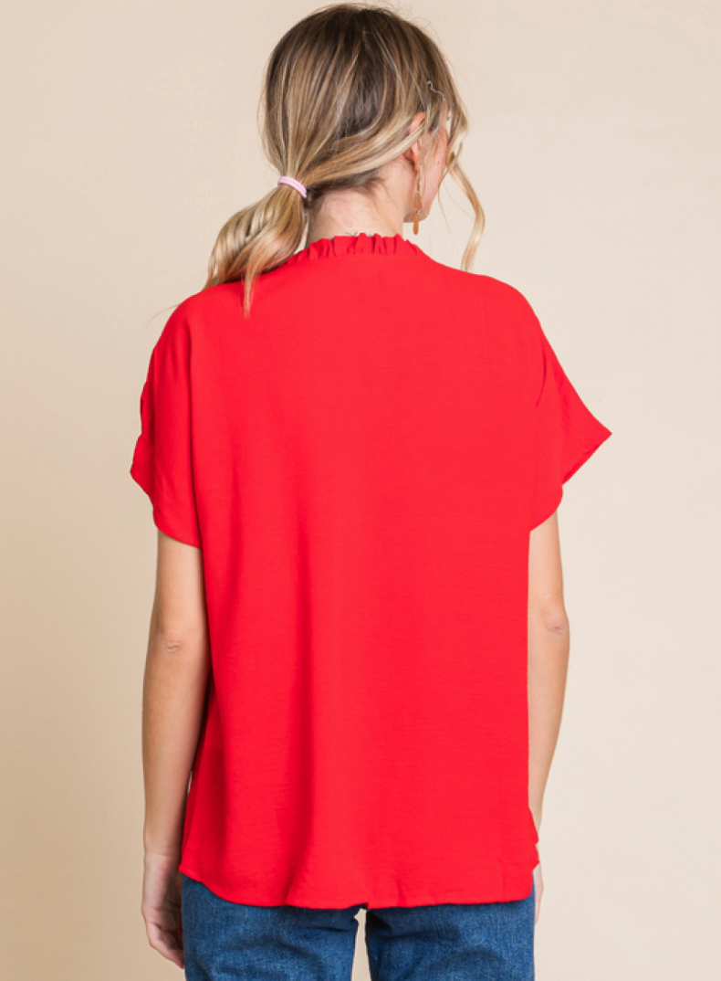 Jodifl- Slit Neck Top with Dolman Short Sleeves in Red