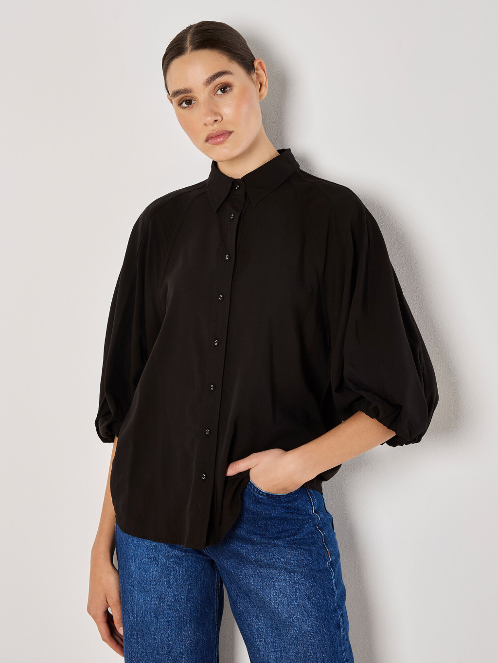 Apricot- Black Woven Puff Sleeve Button Up Top