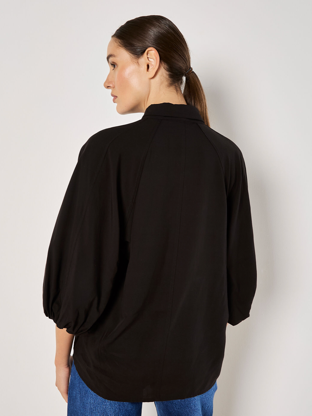 Apricot- Black Woven Puff Sleeve Button Up Top