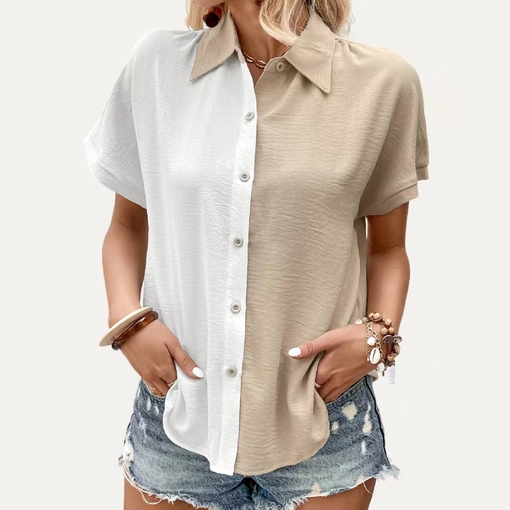 The Moment Collection- Chic White Apricot Button-Up Short Sleeve Top