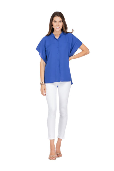 Jade- Button Front Short Sleeve Tunic in Royal Blue