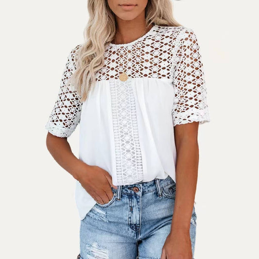 The Moment Collection- Sweetheart White Crochet Lace Round Neck Short Sleeve Top