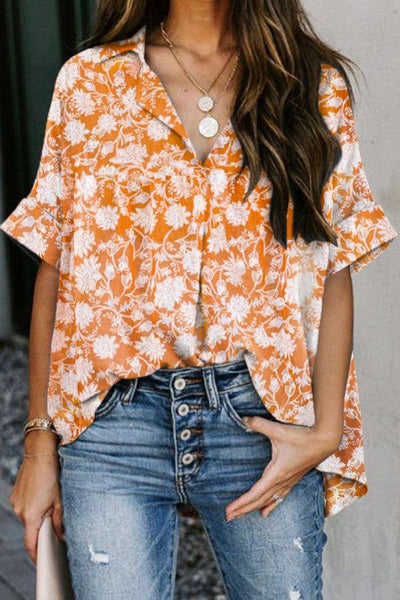 ESLEY -Floral Print Short Sleeve Botton-Up Shirt
