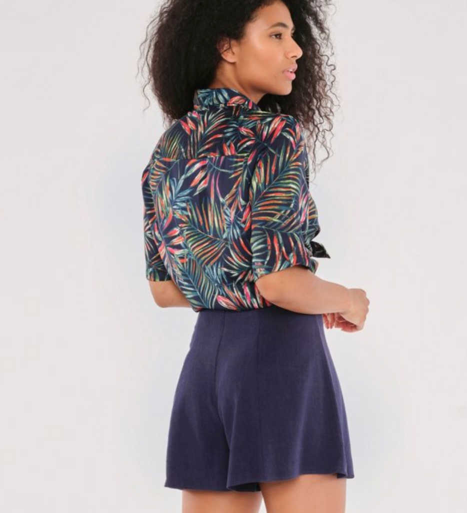 Apricot- Navy Tropical Leaves Crepe Boxy Top