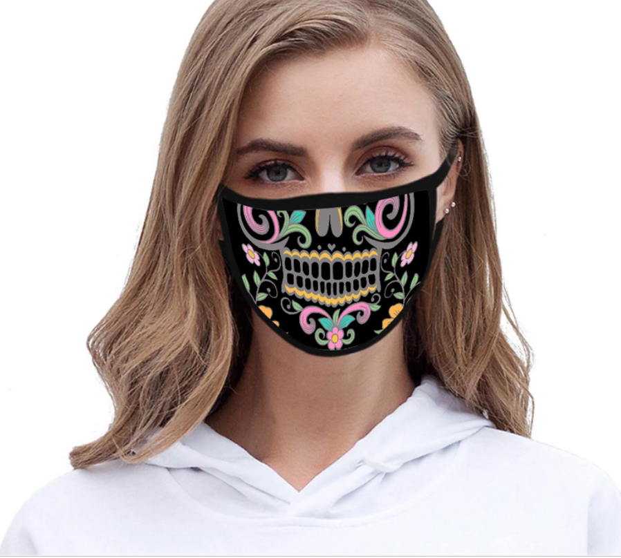 Montana West-Floral Sugar Skull Fabric Face Mask Double Layer Set of 2 in Black or White