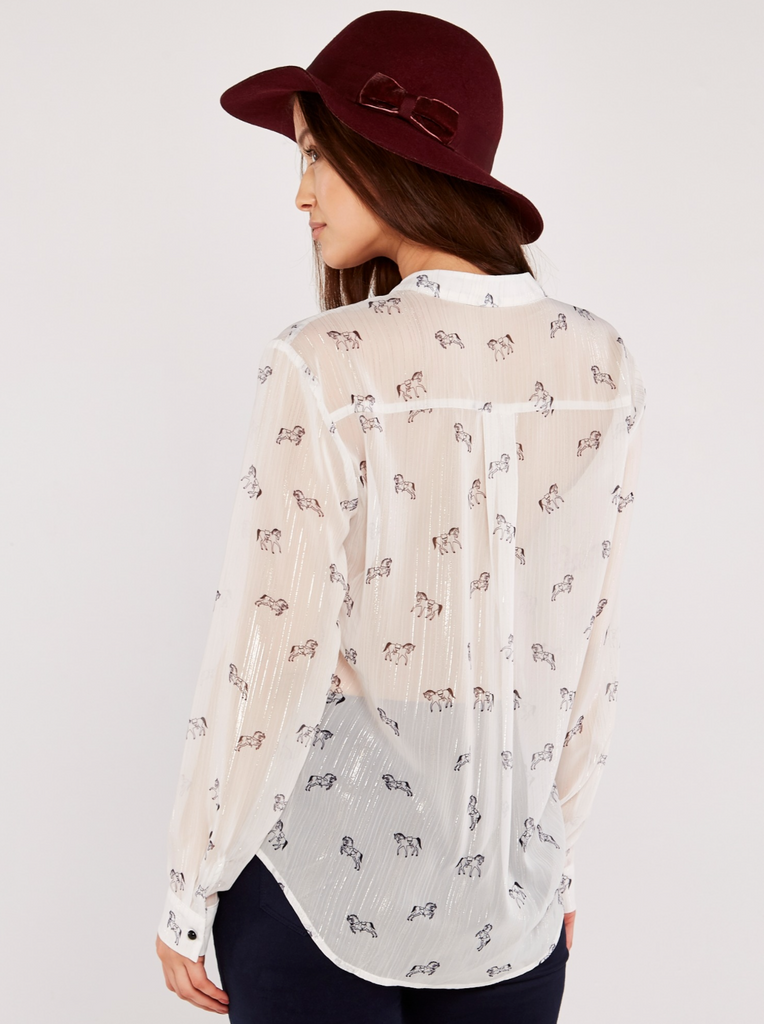 Apricot- Crinkle Lurex Chiffon Blouse with Horse Print