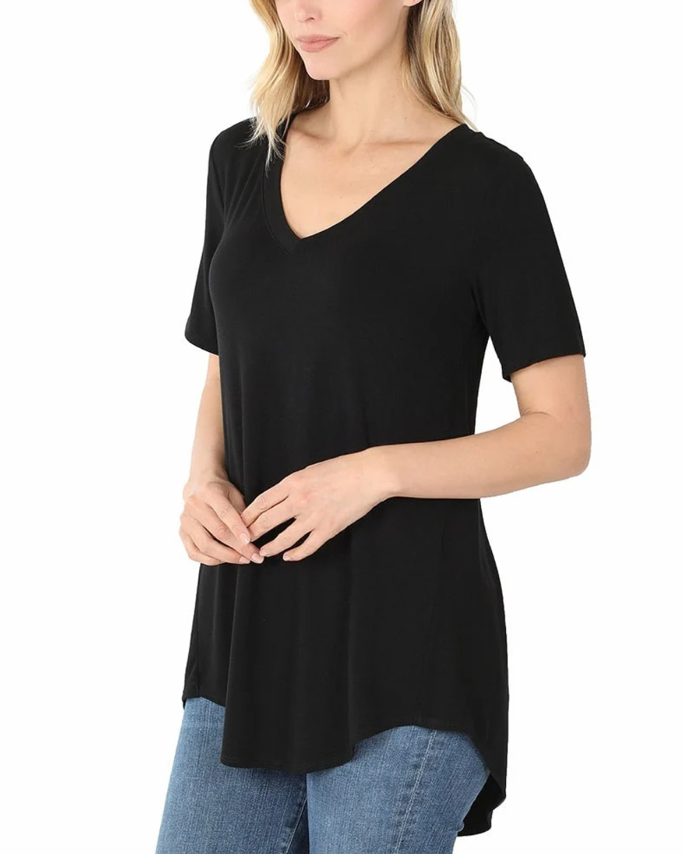 Zenana- Short Sleeve V-Neck Top in BLACK