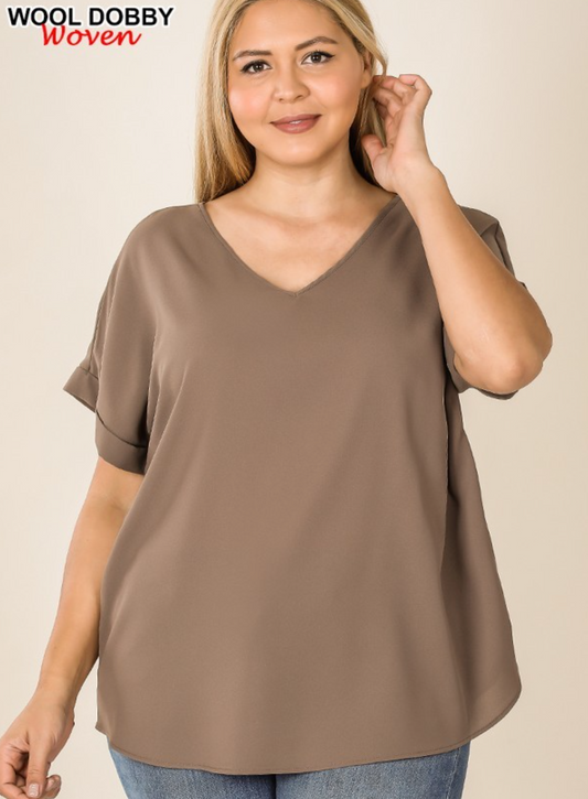 Zenana- Reg & Plus Size Rolled Short Sleeve V-Neck in Mocha