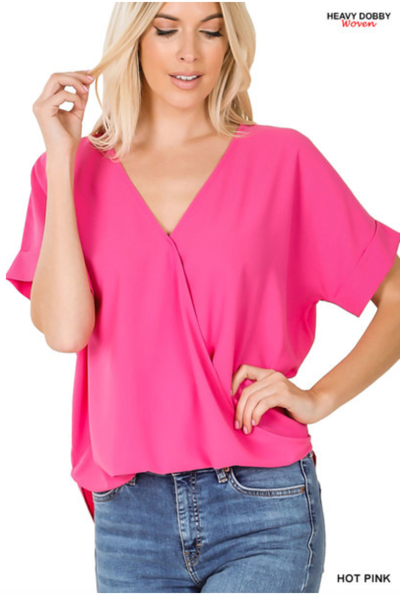 Zenana- Short Sleeve Drape Front Top in Hot PInk